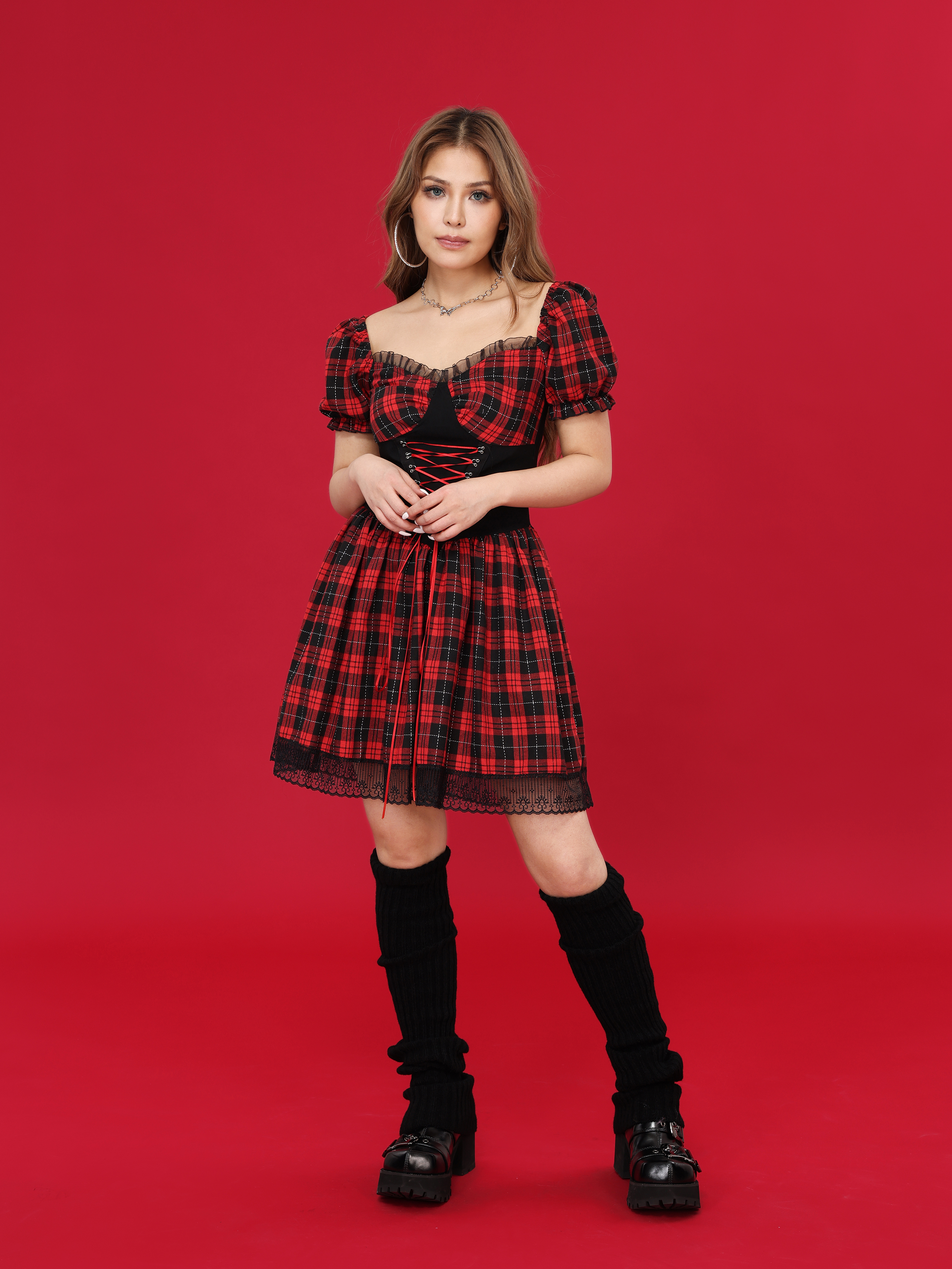 Red And Black Gingham Lace Dress - Cider